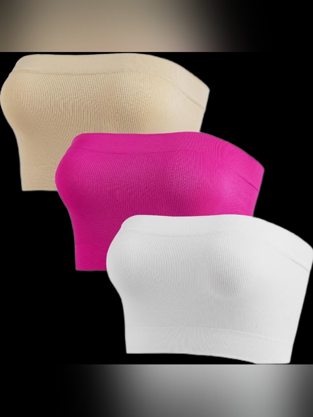 3 Seamless Strapless Bandeau Bra - White, Hot Pink, Beige Sz L